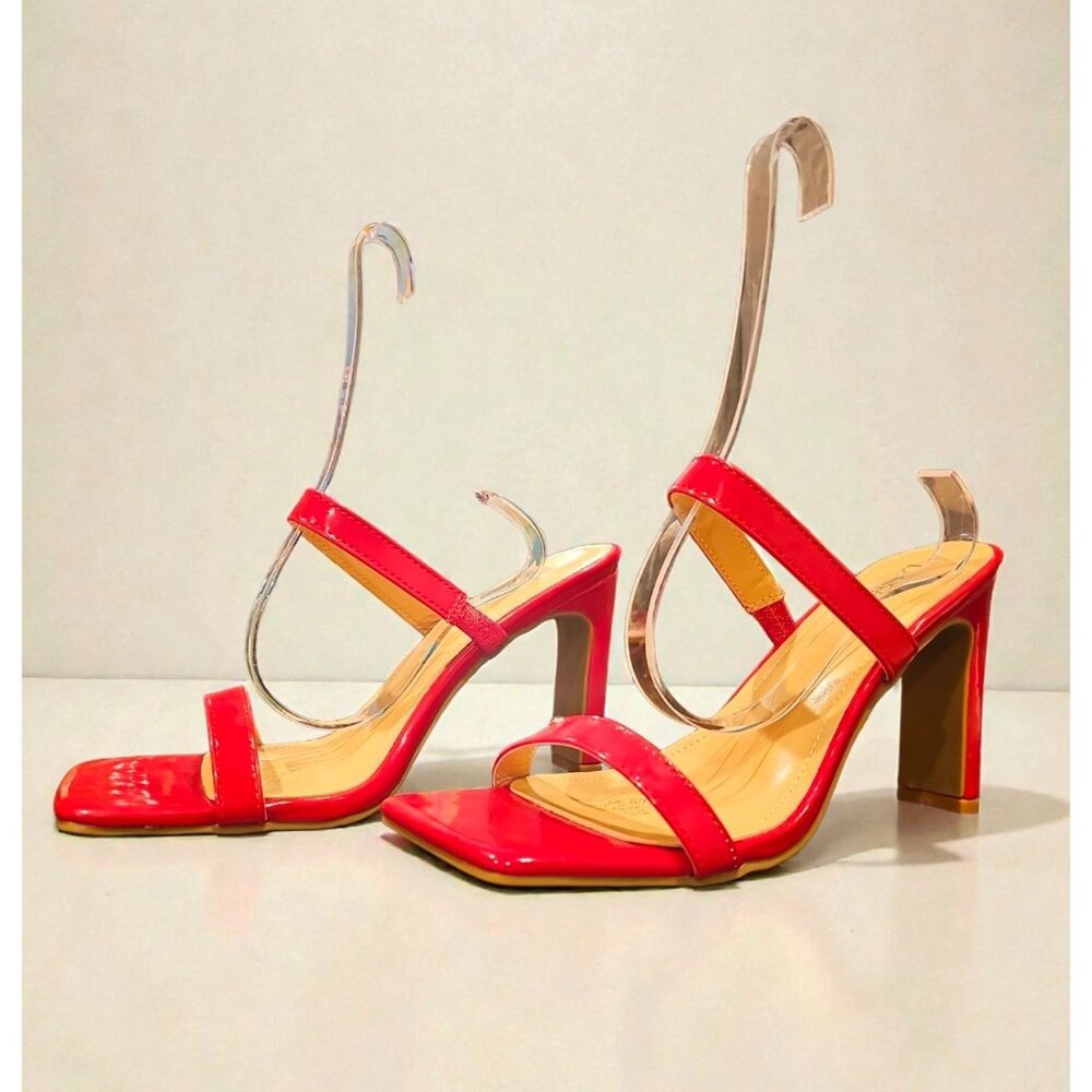 Bright Red Patent Leather High Heel Strappy Sandals With Square Toe